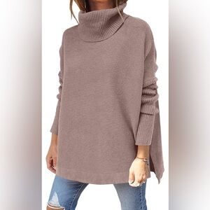 ANRABESS Women's Oversized Turtleneck Batwing Sleeve Sweater Taupe